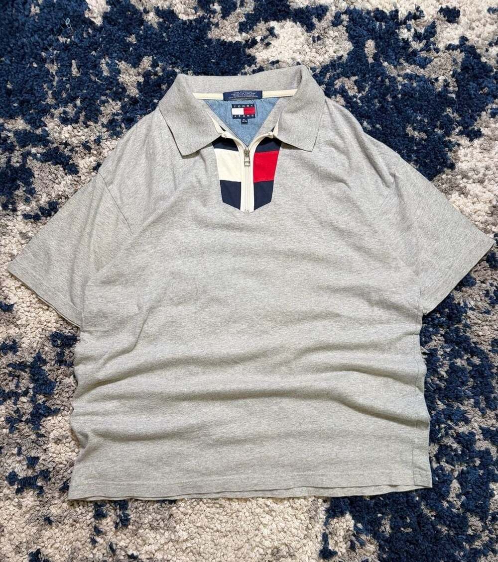 Vintage Tommy Jeans Quarter Zip Polo Shirt Gray Size XL